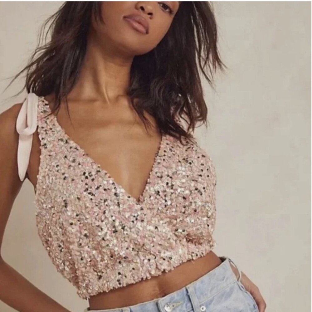 NEW Free People Intimately Big Night Sequin Crop Tank Top Pink Champagne Glitter